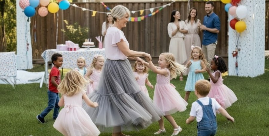 Grandmother dancing with granddaughter at birthday party